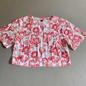 Paisley Crop Top Red White Shirt Sleeve Shirt Large
